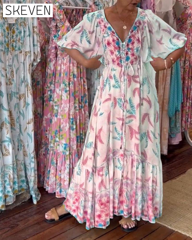 Maxikleid mit V-Ausschnitt und Blätterprint für Damen