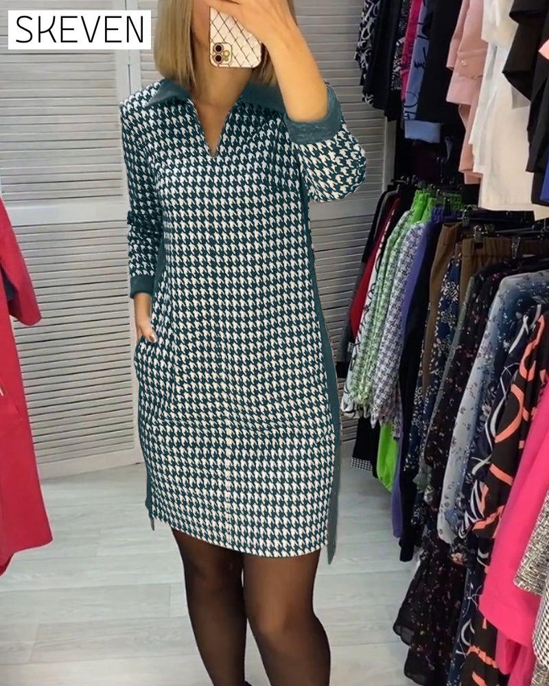 Kleid mit Reverskragen, Tasche und Karomuster