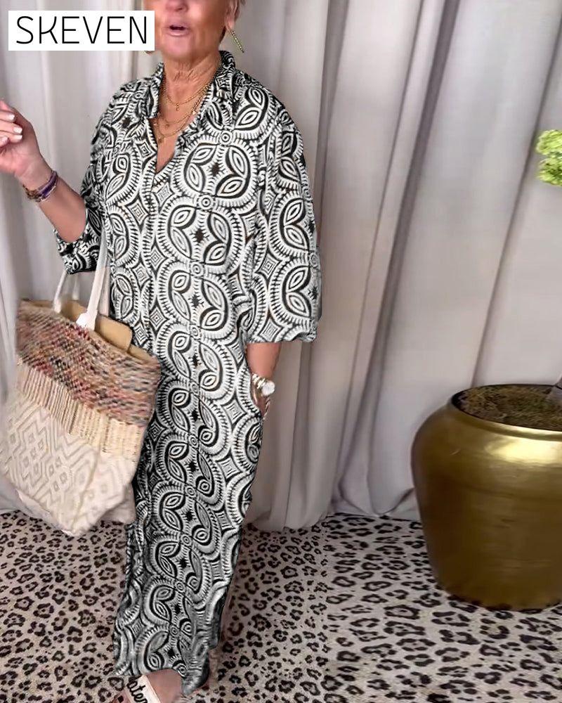 Vintage printed lapel pocket maxi dress
