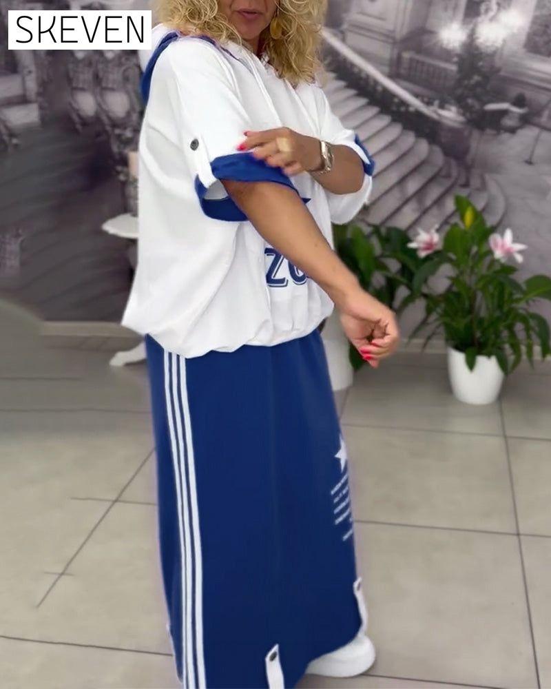 Hooded Drawstring Printed Skirt Set