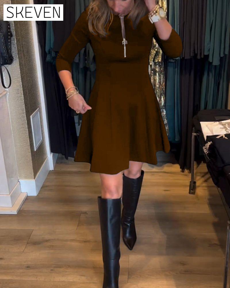 Solid color zipper elegant dress