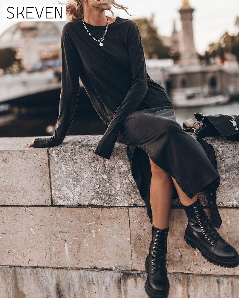 Round Neck Slit Long Dress 2023 f/w 23BF casual dresses Clothes Dresses