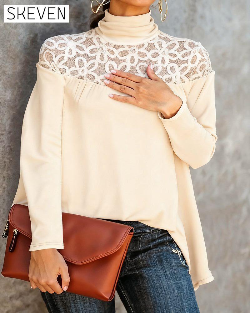 Turtleneck Lace Sheer Knit Top