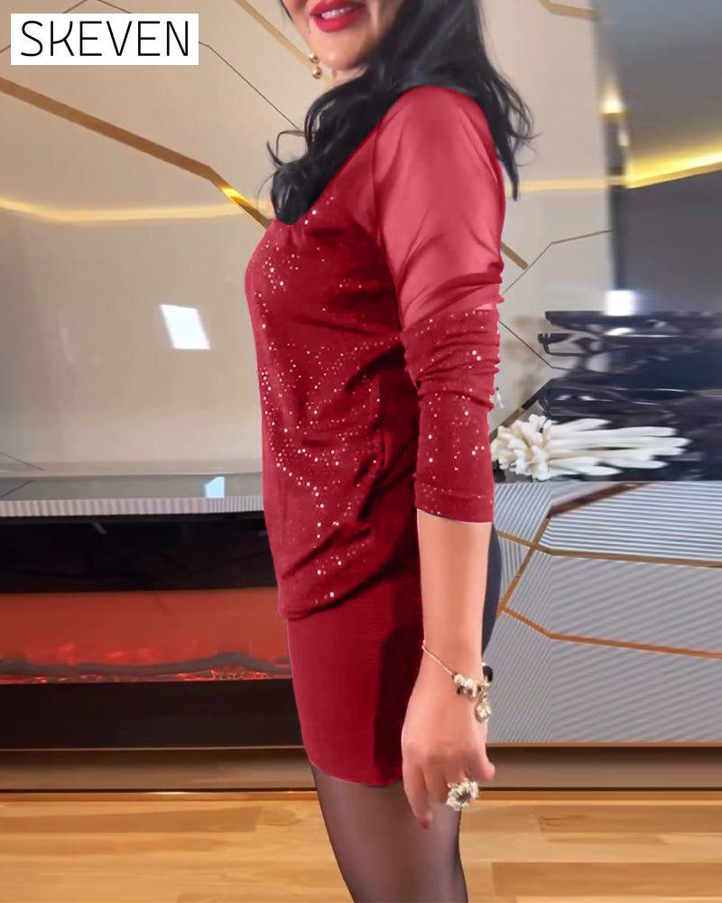 Sexy Paillettenoberteil mit V-Ausschnitt aus Mesh und Unifarbe