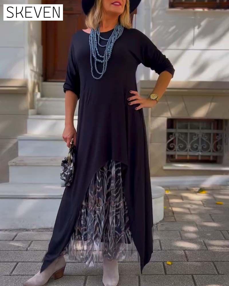 Robe asymétrique unie à manches longues