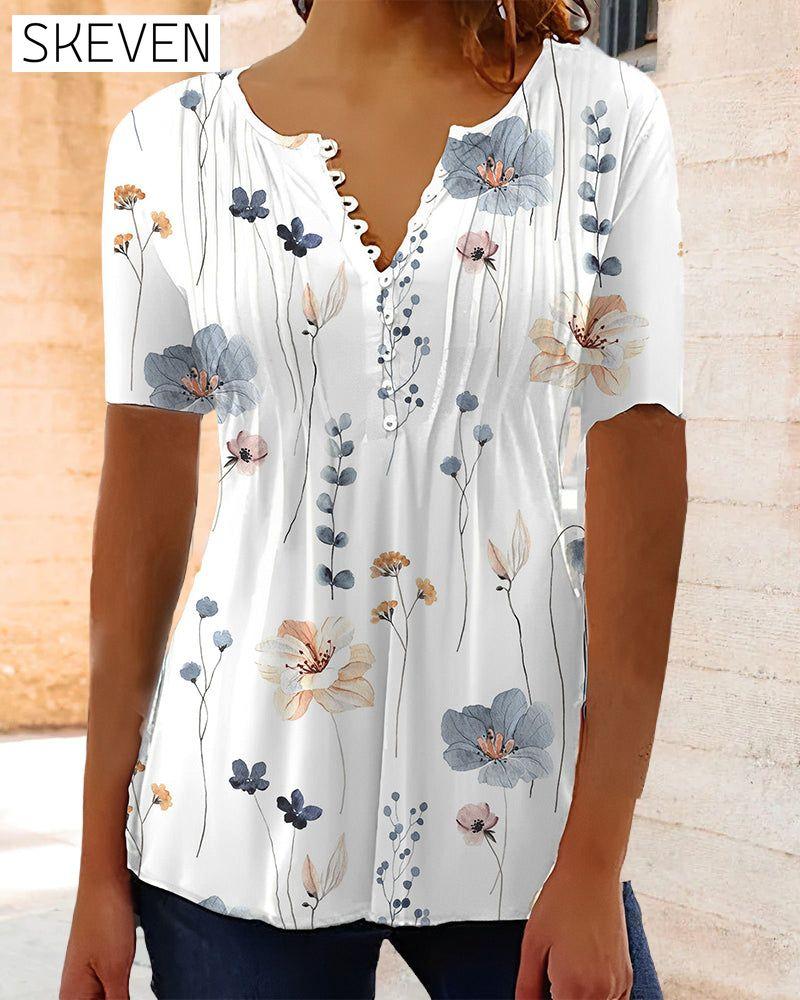 V Neck Button Print Short Sleeve Blouse
