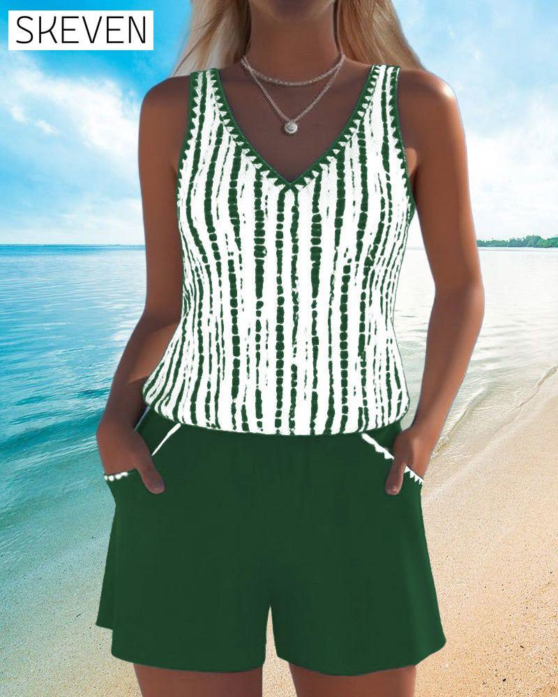 Casual Pocket V-Neck Printed Two-Piece Swimsuit