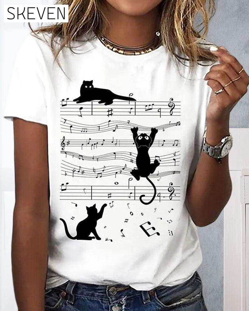 T-shirt à col rond imprimé chat musical