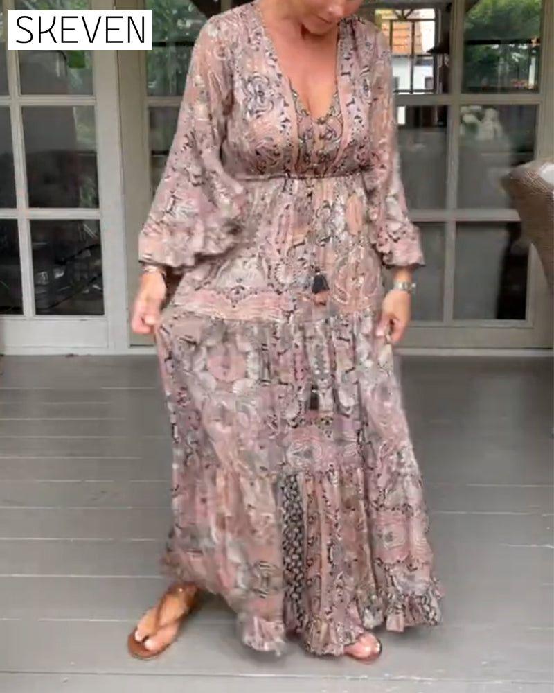 V-neck printed ruffled sleeve dress