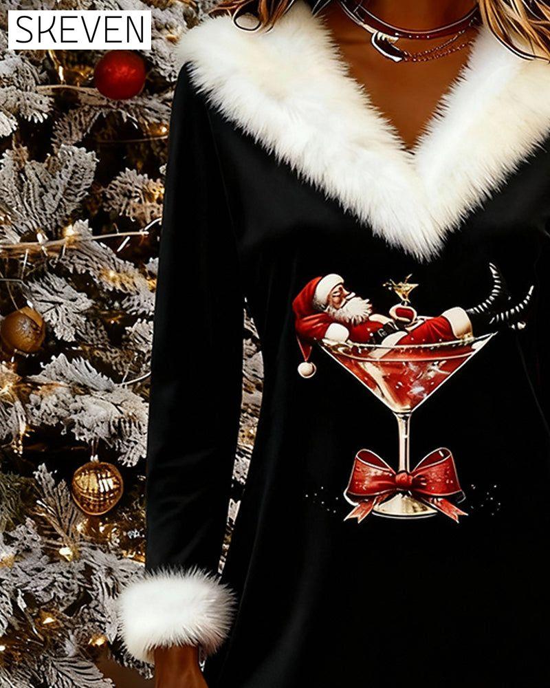 Robe imprimée de Noël à col en fourrure