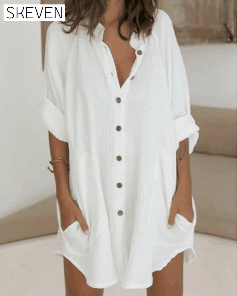 Button pocket solid shirt dress White 23BF Casual Dresses Clothes Dresses Spring Summer