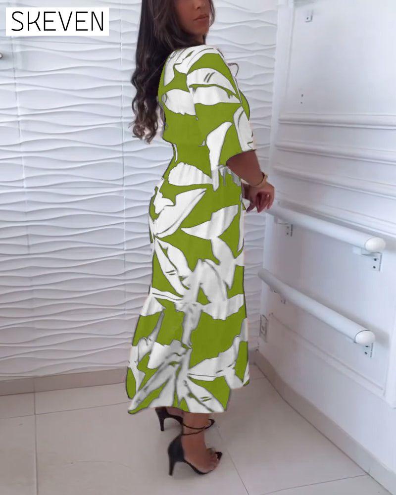 V-neck three-quarter sleeve drawstring elegant dress