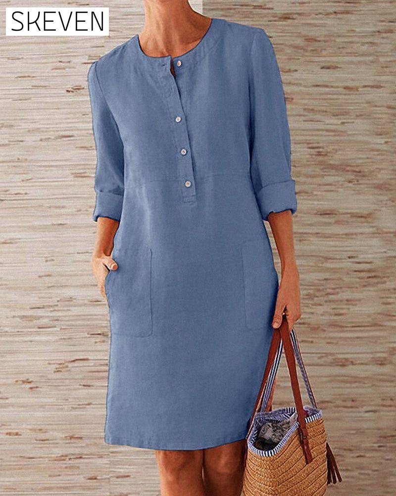 Elegant plain dress Blue 2022 F/W 23BF allamode Casual Dresses Clothes Cotton and Linen Damkläder discount Dresses Kläder och accessoarer Kortärmad för damer Spring Summer Trending Now