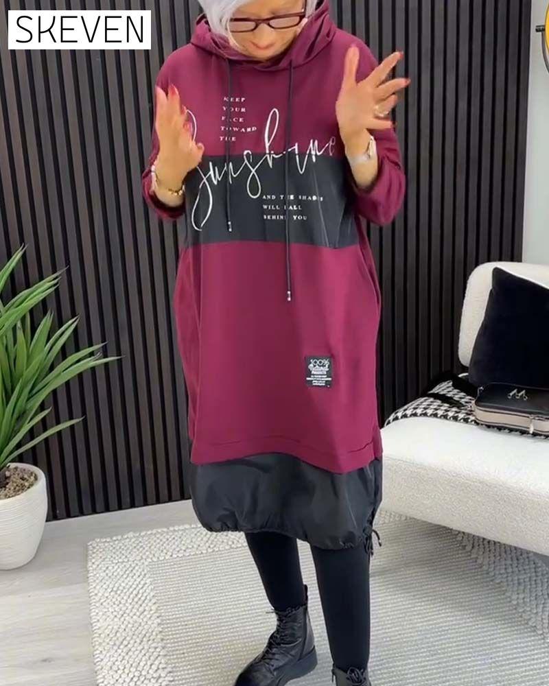 Casual color block letter print pocket hooded dress