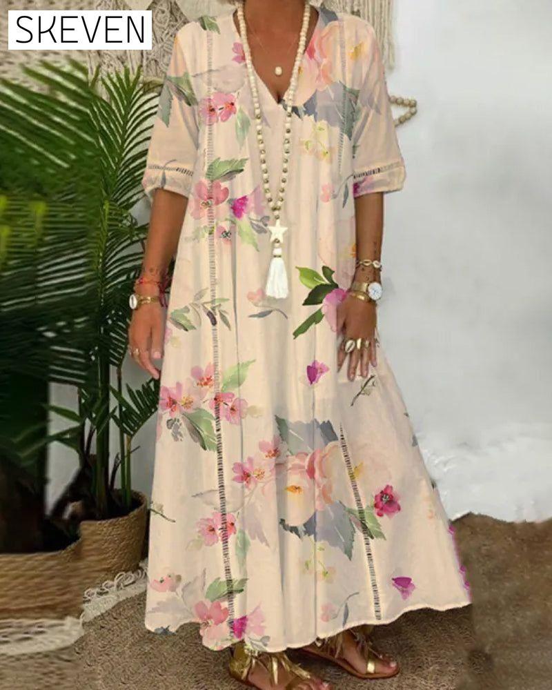 Romantic flowers printed dress Khaki 23BF Casual Dresses Clothes Dresses Spring Summer