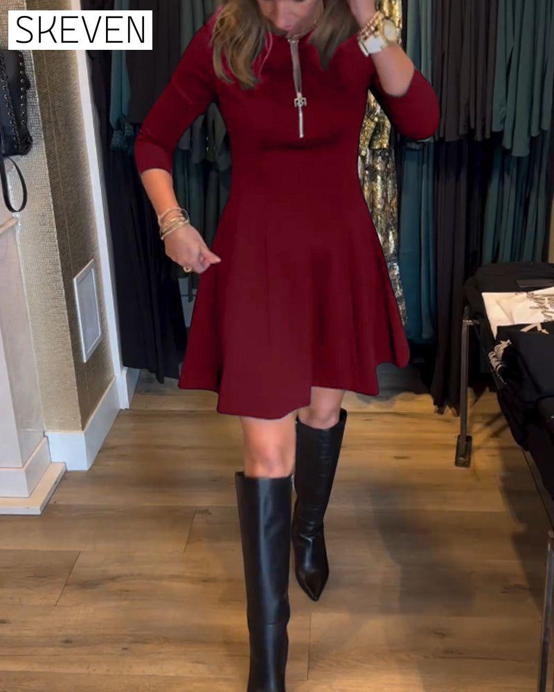 Solid color zipper elegant dress