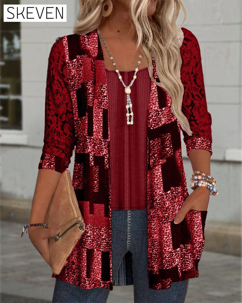 Faux Two-Piece Printed Long-Sleeved Blouse