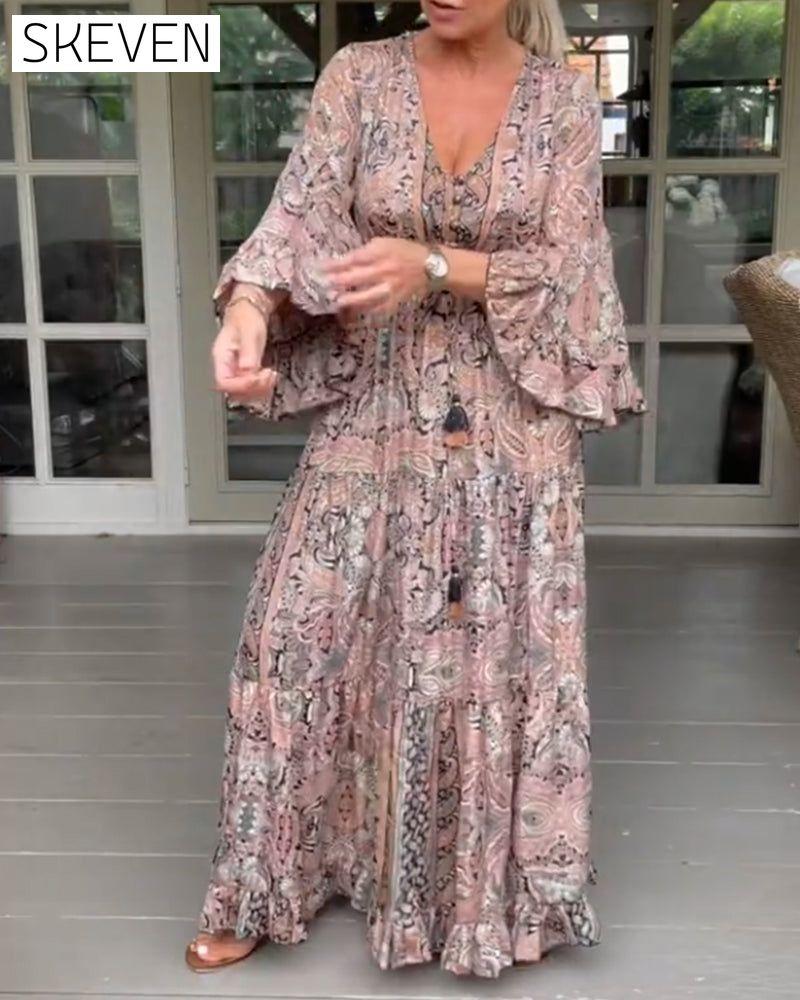 V-neck printed ruffled sleeve dress