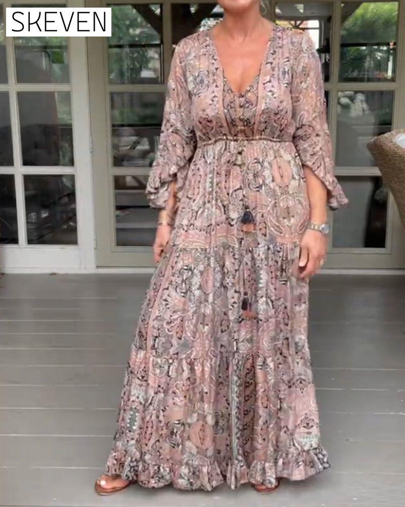 V-neck printed ruffled sleeve dress