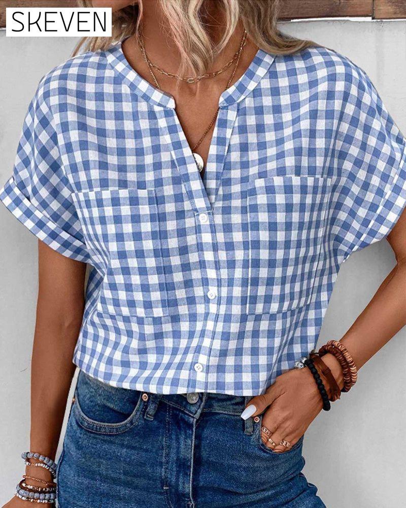 V-neck plaid print blouse