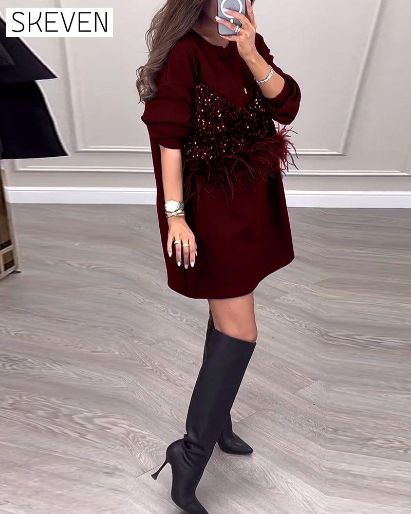 Fashion solid color sequin feather patchwork dress