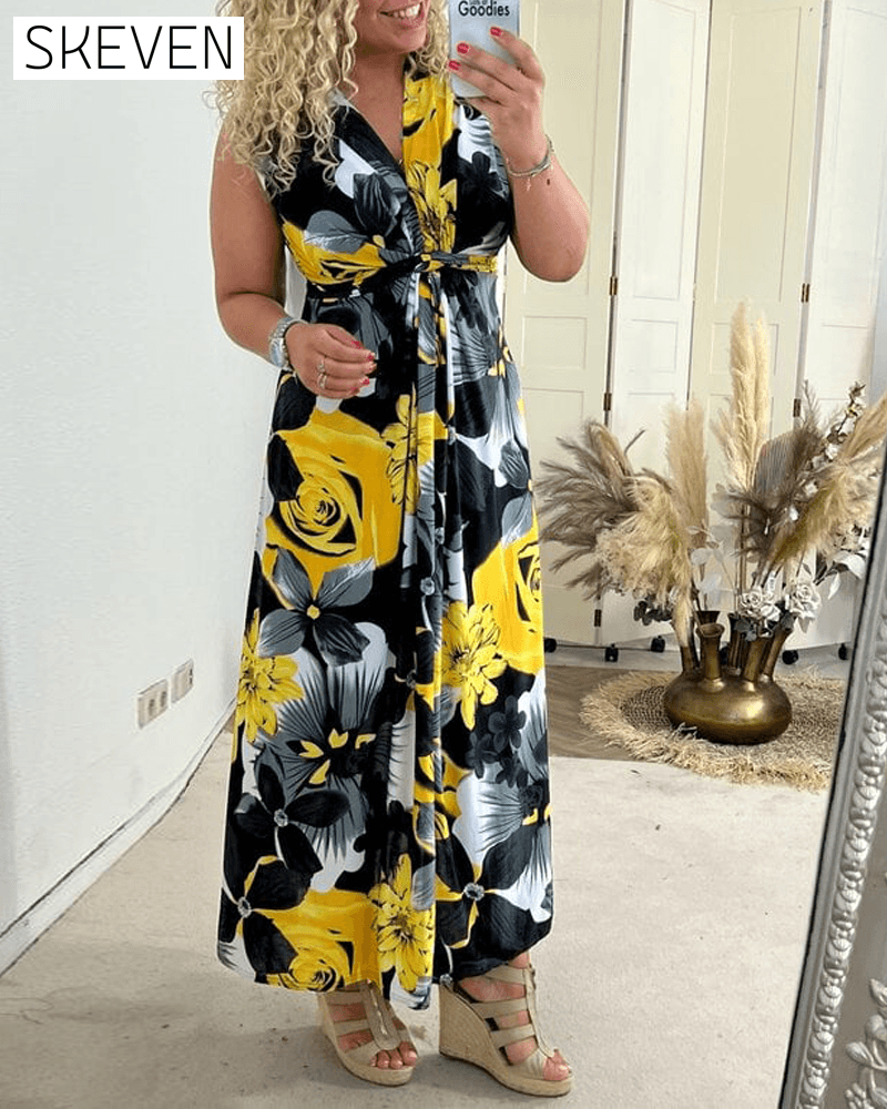 Elegantes, ärmelloses, plissiertes Kleid mit Blumenmuster
