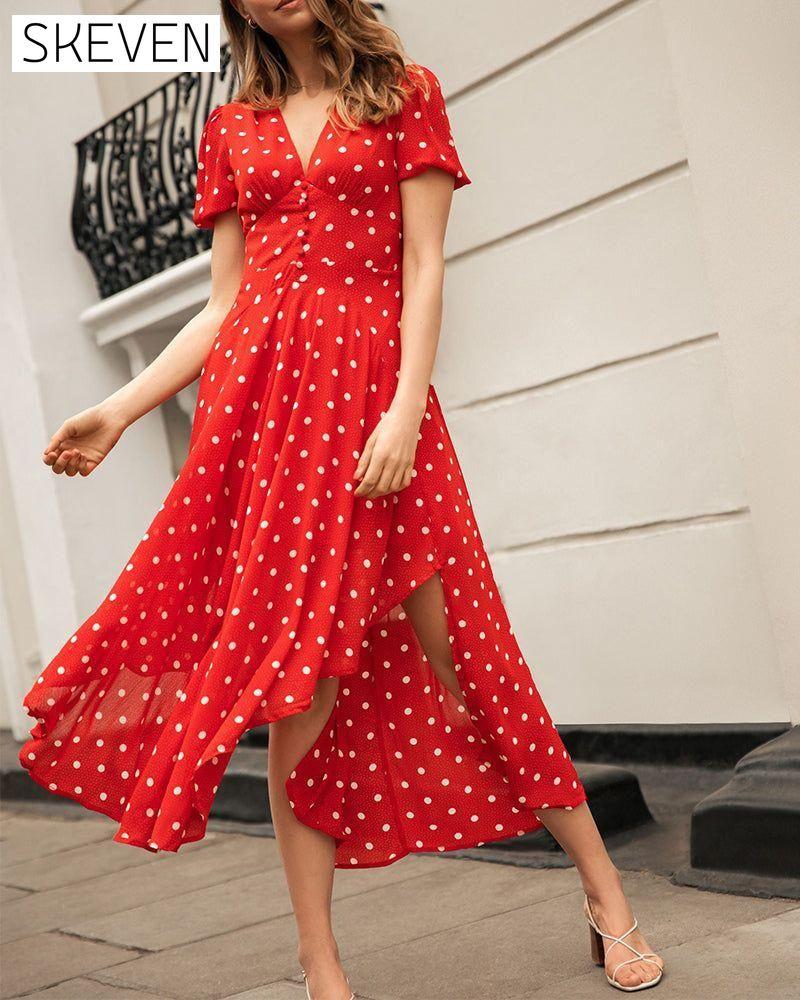 Romantic polka dot print waist dress Red 23BF Casual Dresses Clothes Dresses Elegant Dresses Summer