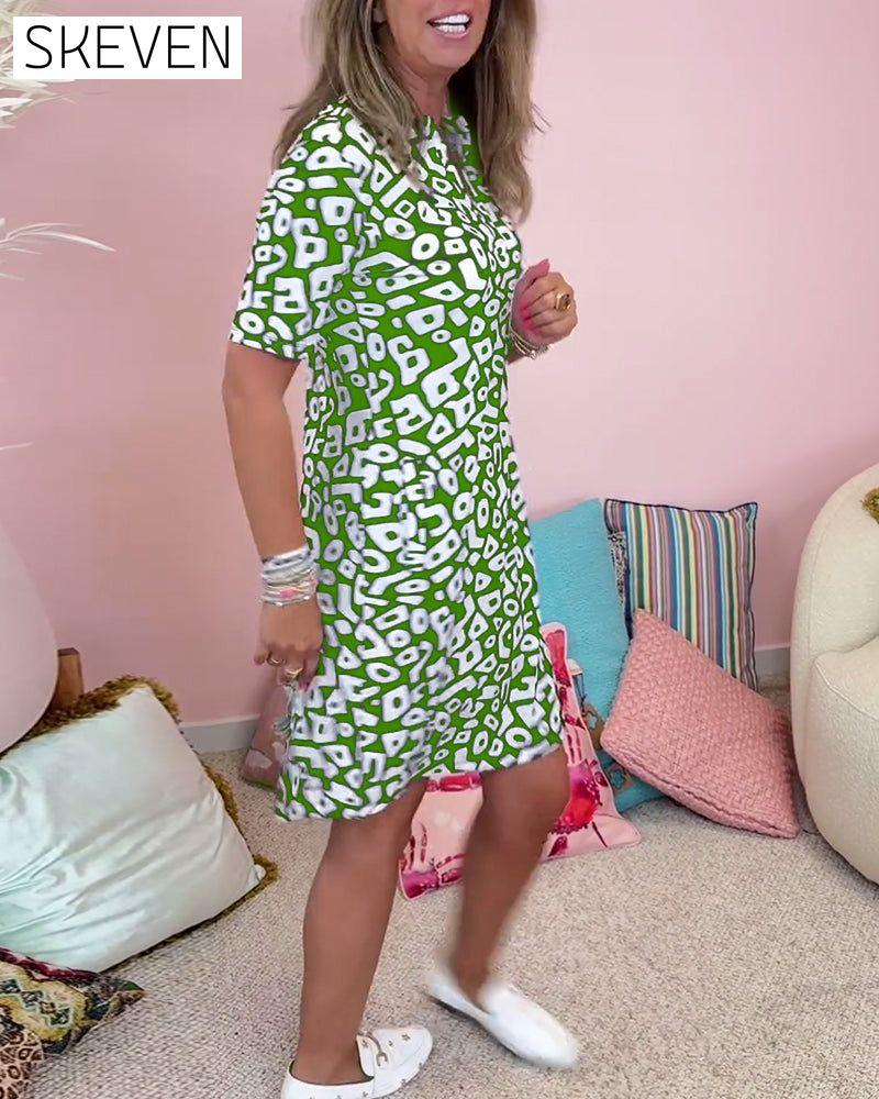 Printed pocket V-neck casual dress