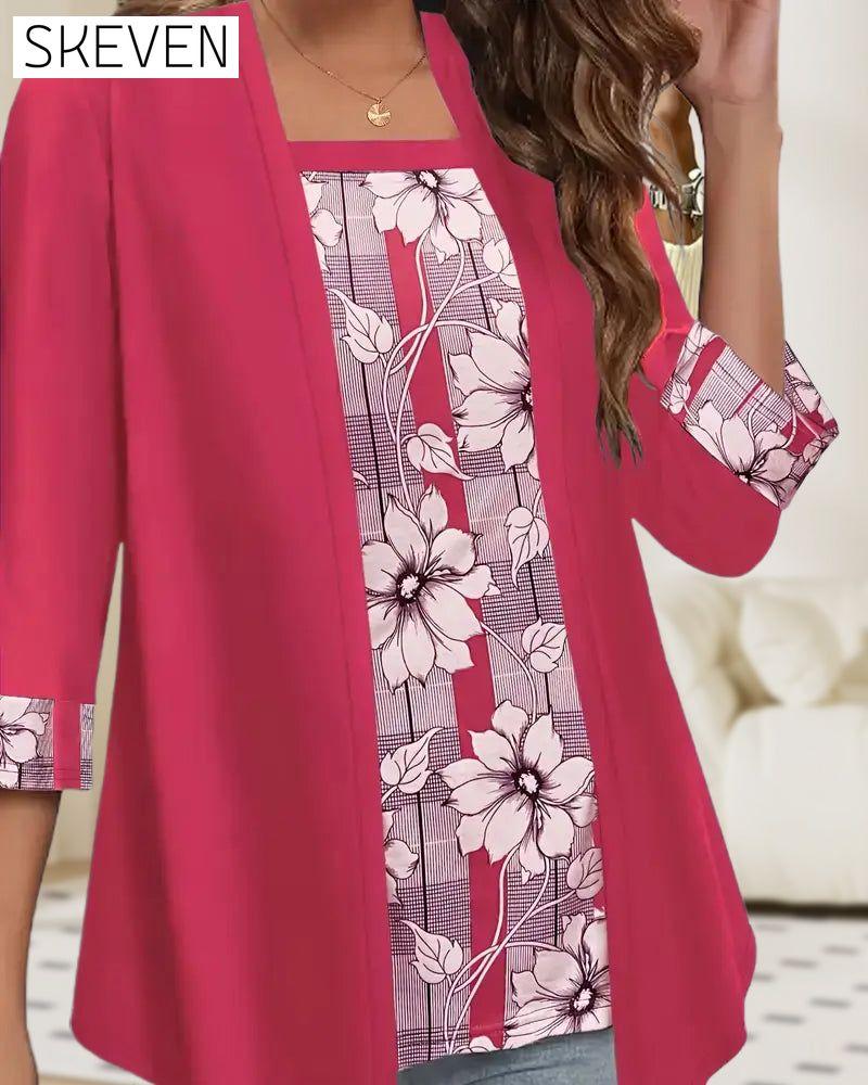 Printed Fake Two-Piece Long-Sleeved Top