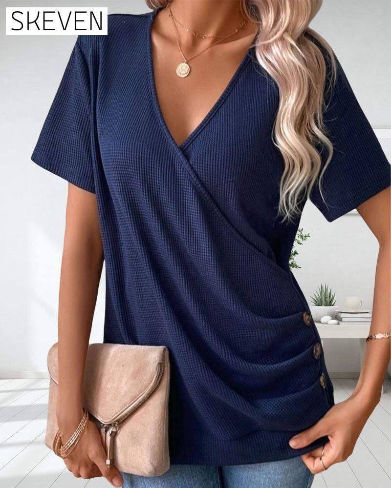 V Neck Front Cross Button Detail T-Shirt 23BF clothes SALE Short Sleeve Tops Spring Summer T-shirts Tops/Blouses