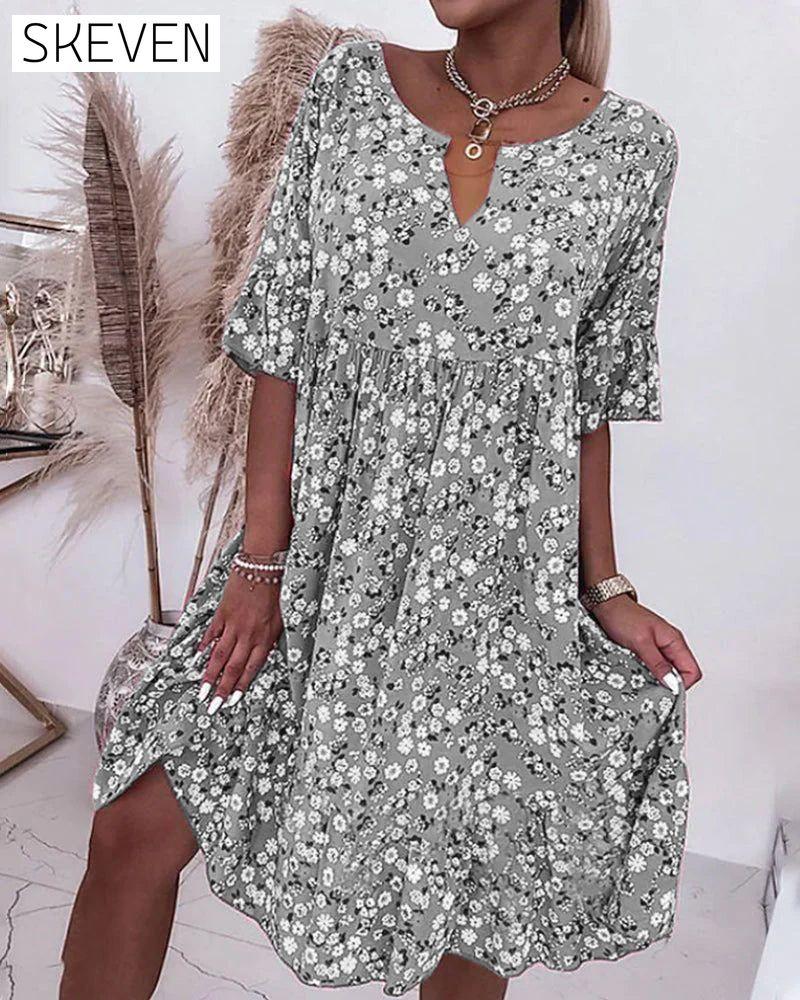 Half Sleeve Dress in Floral Print Gray 23BF Casual Dresses Clothes Dresses Spring Summer