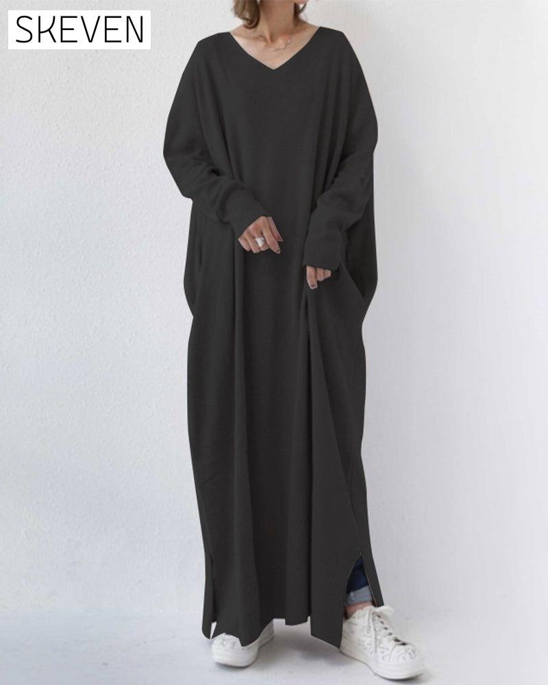 robe trapèze à manches longues et col en V