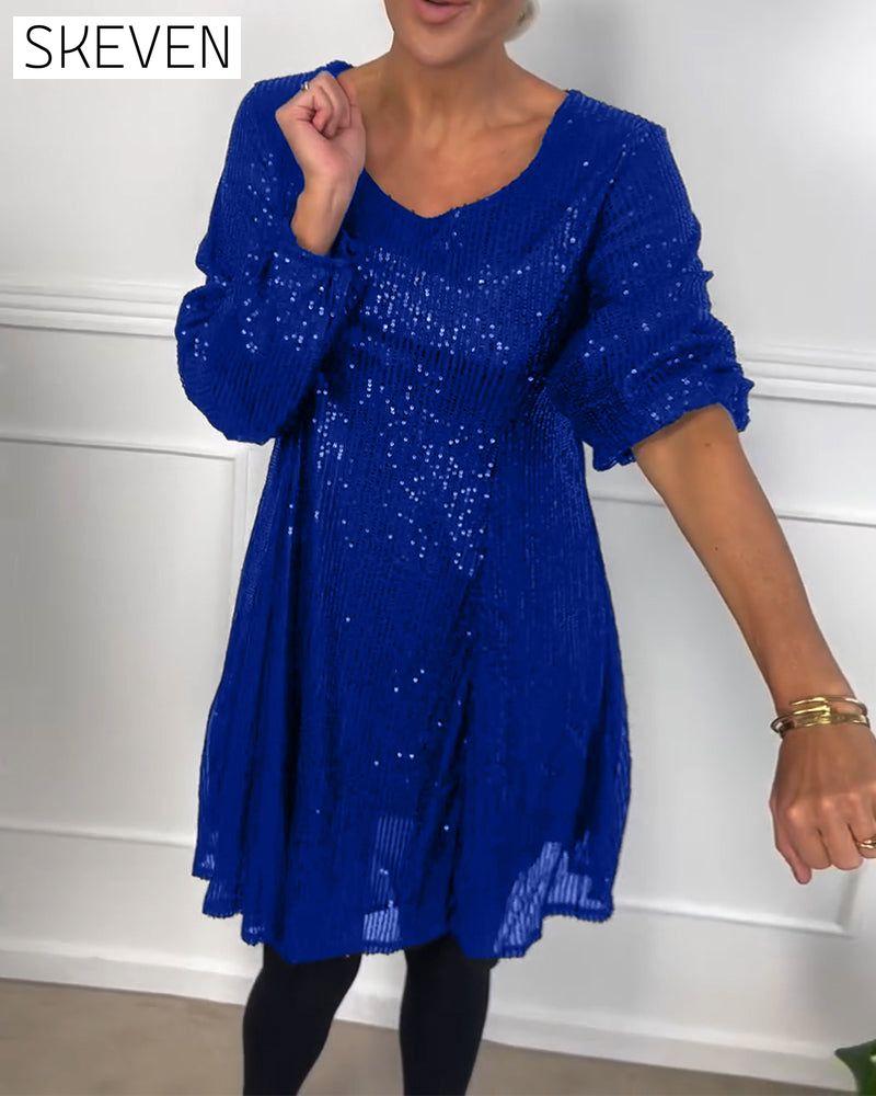 Elegantes, paillettenbesetztes A-Linien-Kleid mit Laternenärmeln
