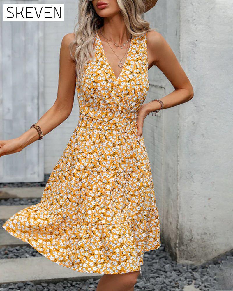 V-neck A-line Floral Dress