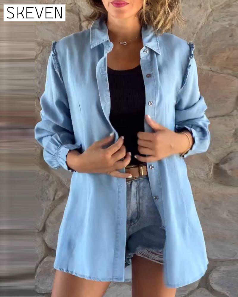 Einfarbiges Jeans-Langarmshirt