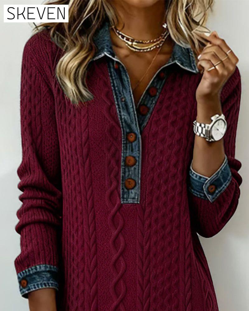 Denim cable knit patchwork collared dress