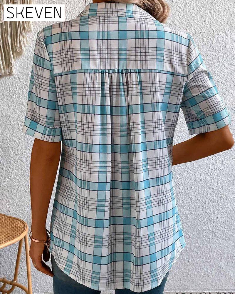 Plaid-print lapel collar blouse