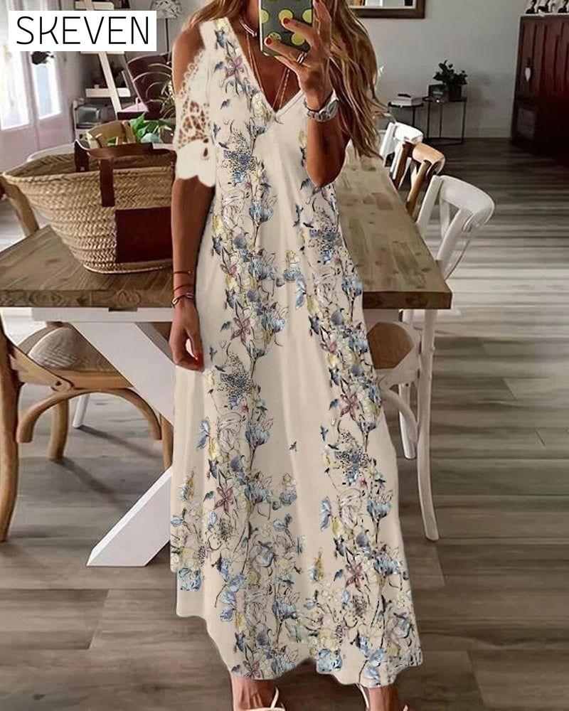 Floral Print Dress with Short Lace Sleeves Beige 23BF Casual Dresses Clothes Dresses Spring Summer Vacation Dresses