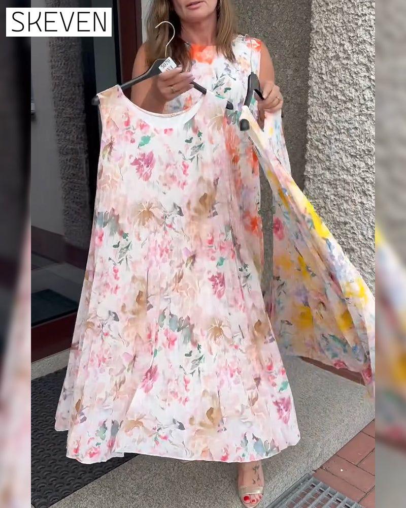 Sleeveless Pleated Floral Dress