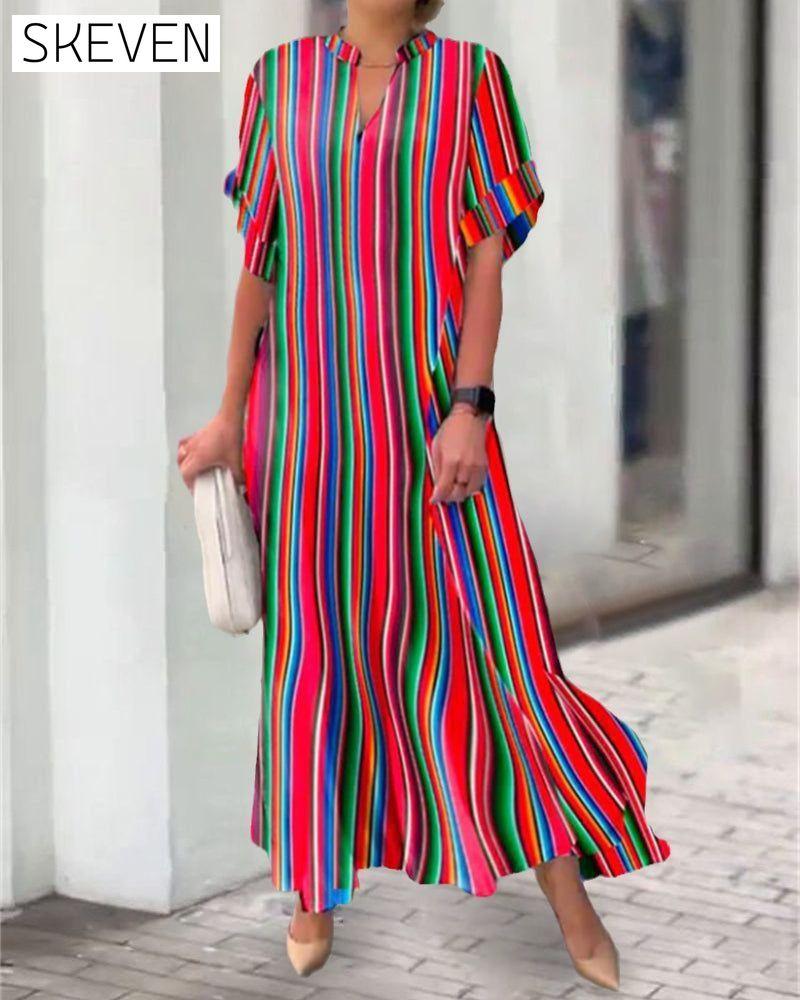 Colorful V-neck Dress in Stripe Print 23BF Casual Dresses Clothes Dresses Spring Summer