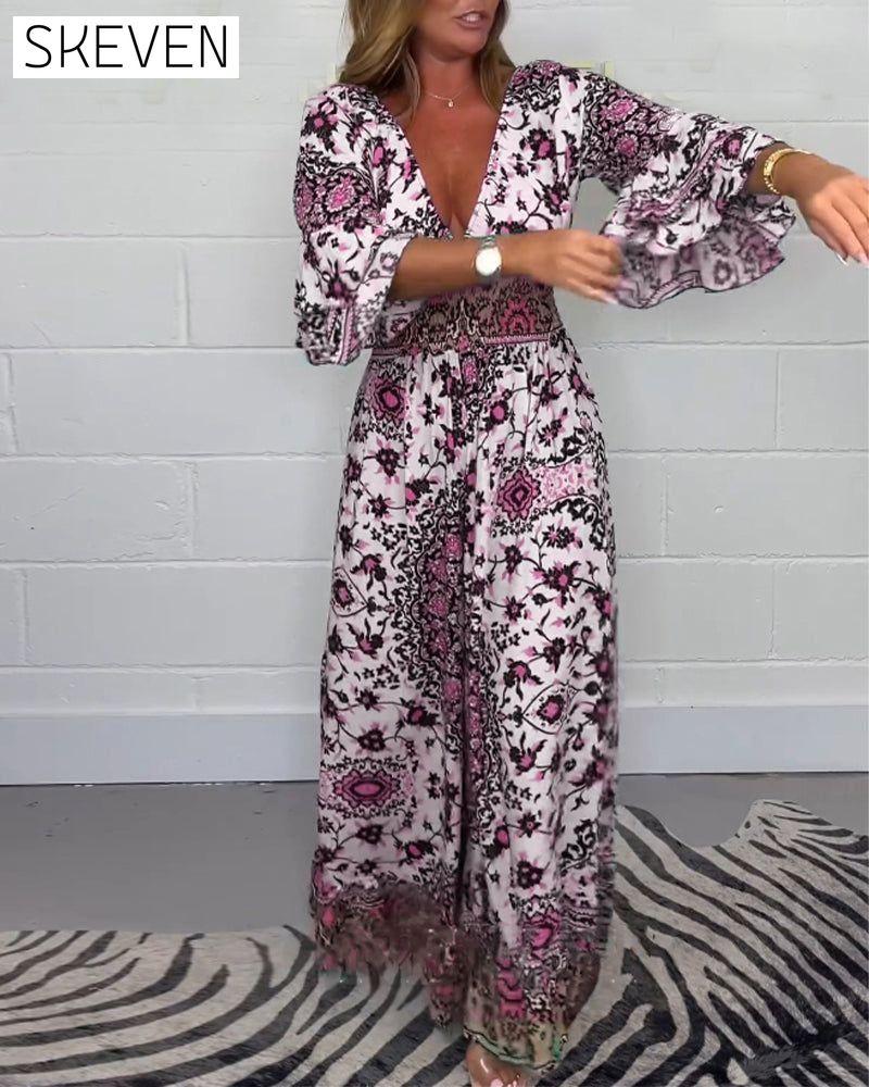 Printed deep V-neck jumpsuit jumpsuits spring summer