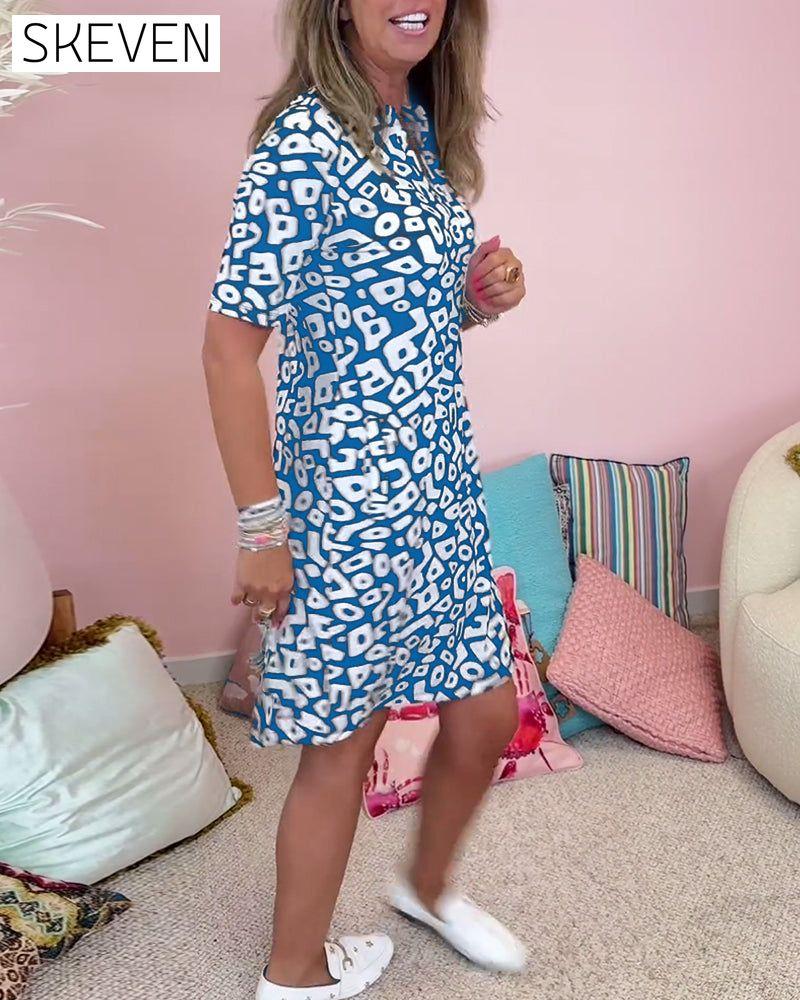 Printed pocket V-neck casual dress