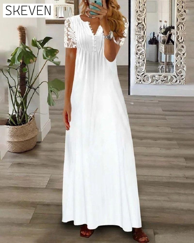 Floral print lace short sleeve long dress White 23BF Casual Dresses Clothes Dresses Summer