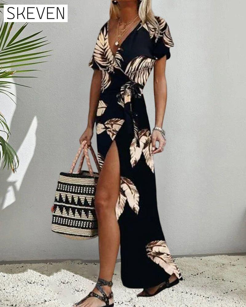 Short sleeve front slit printed dress 23BF Casual Dresses Clothes Dresses Summer