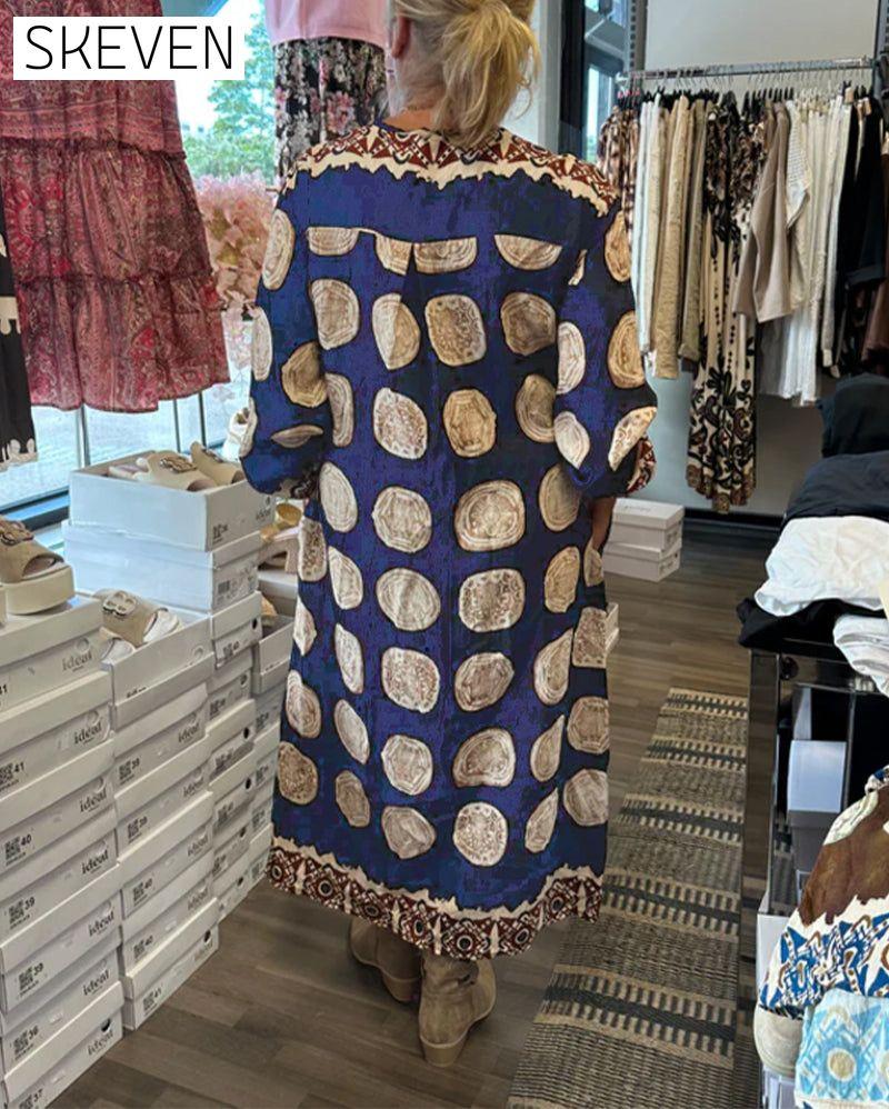Long-Sleeved V-Neck Printed Dress