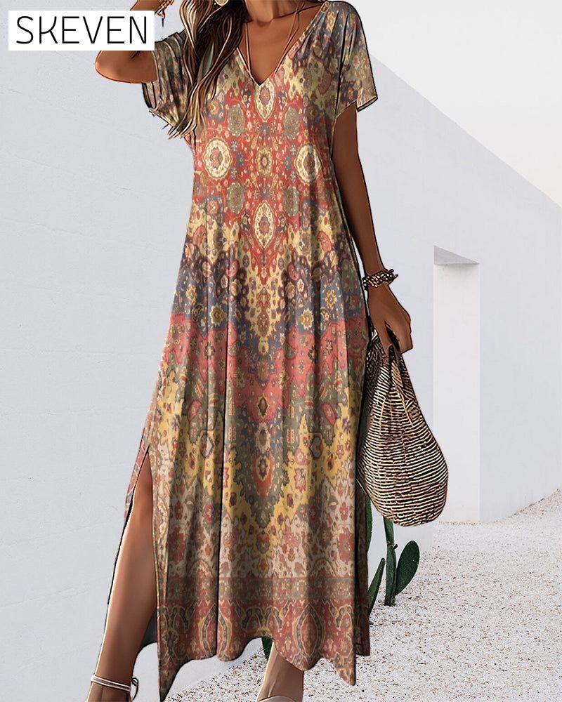 V-neck printed slit dress 23BF Casual Dresses Clothes Dresses SALE Spring Summer