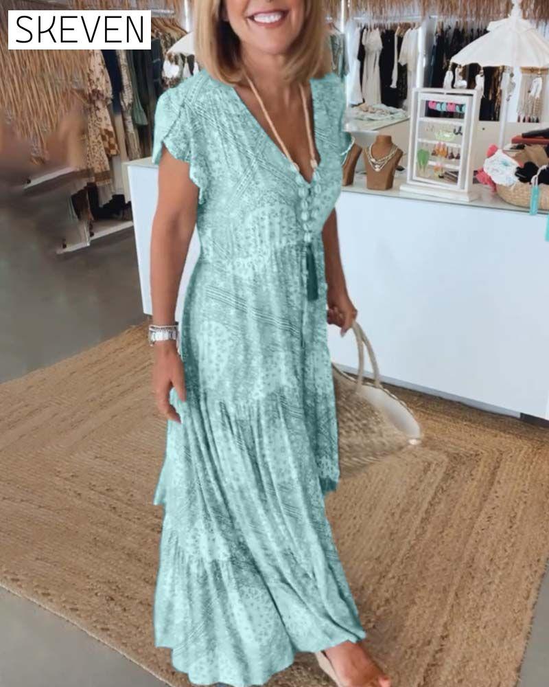 Vacation print V-neck split sleeve dress