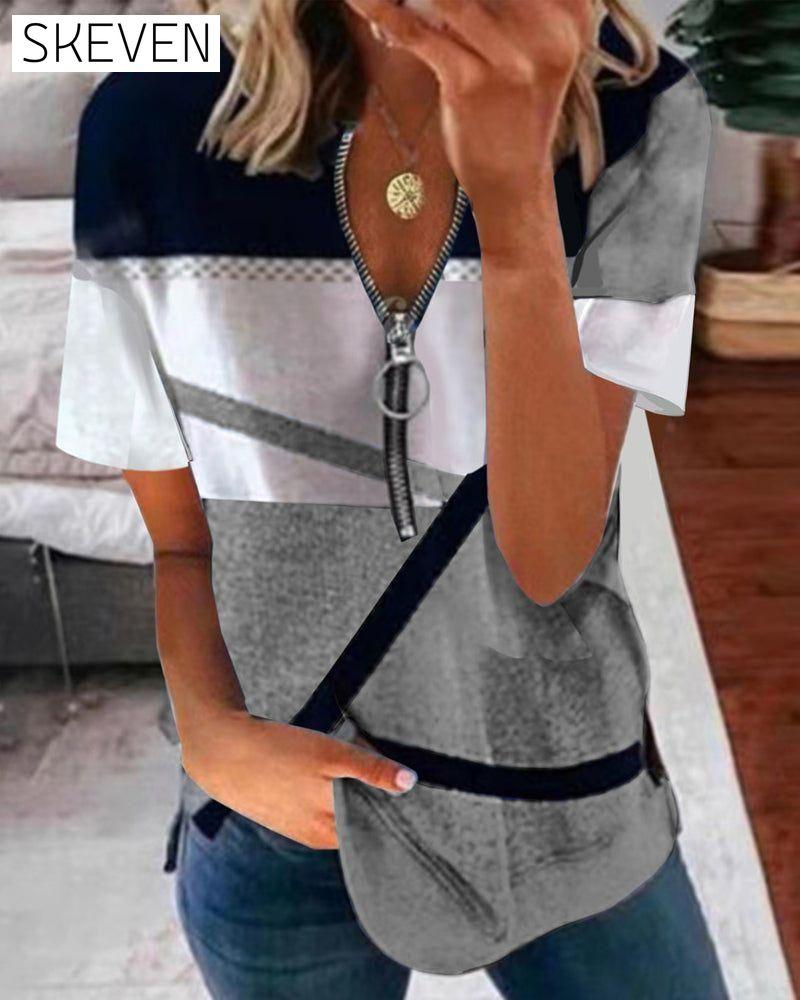 Zip print short sleeve t-shirt Gray 23BF clothes Short Sleeve Tops Summer T-shirts Tops/Blouses