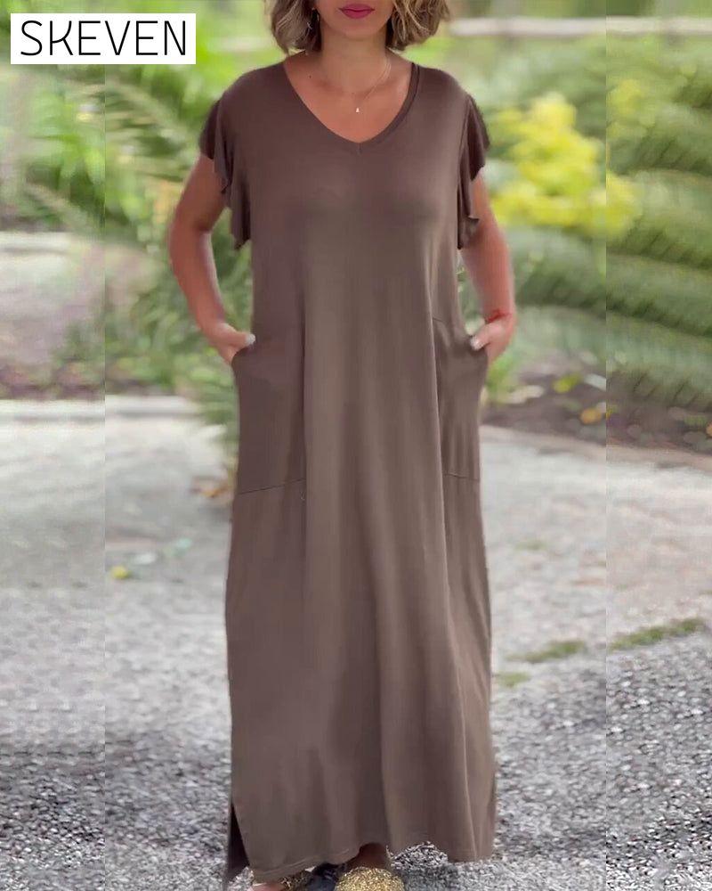 Einfarbiges, kurzes, langes Kleid mit Tasche