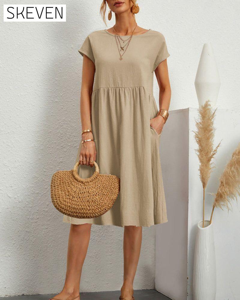 Round neck loose cotton and linen dress Khaki 23BF casual dresses Clothes Cotton and Linen discount Dresses Spring summer